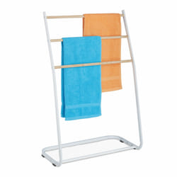 Porte-serviettes sur pied, métal, 3 traverses aspect bois, pour serviettes, HxLxP : 87 x 58 x 29,5 cm, blanc - Relaxdays