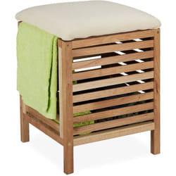 Relaxdays - Tabouret avec rangement, panier, noyer, tissu, corbeille à linge 35 l, hlp : 51 x 39 x 39 cm, nature