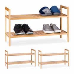 Étagère à chaussures lot de 3 empilable 2 niveaux bois de noyer jusqu’à 6 paires HLP 41 x 69 x 27 cm nature