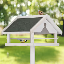 Relaxdays - Mangeoire d'extérieur pour oiseaux, support, toit résistant aux intempéries, bois, hlp 120x62x55 cm, blanche