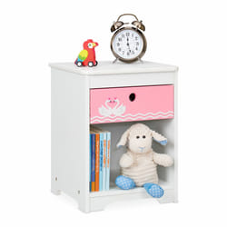 Relaxdays Table de chevet pour enfant, cygnes, tiroir et rangement, meuble nuit, commode, HLP : 41x32x31 cm, blanc-rose