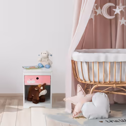 Relaxdays Table de chevet pour enfant, cygnes, tiroir et rangement, meuble nuit, commode, HLP : 41x32x31 cm, blanc-rose