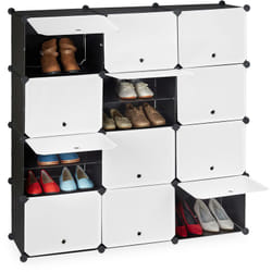 Relaxdays Étagère à chaussures, 24 compartiments, 12 portes, modulable, plastique, fer, HLP 125x125x32 cm, noir et blanc