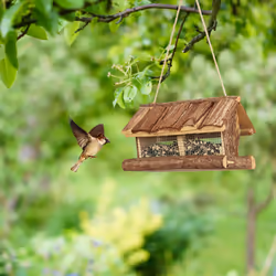 Relaxdays - Mangeoire à oiseaux en bois de sapin, à suspendre, grilles en fer, h x l x p : 19 x 31,5 x 16 cm, nature