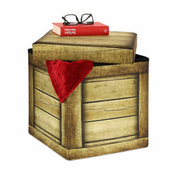 Tabouret rangement vintage, motif vieilles planches, pliable, matelassé, HxLxP : 38x37,5x37,5 cm, marron - Relaxdays