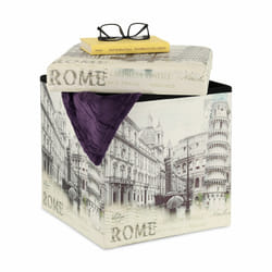 Tabouret rangement vintage, motif carte postale ancienne, pliable, matelassé, HxLxP : 38x37,5x37,5 cm, blanc - Relaxdays