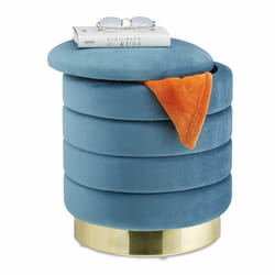 Pouf coiffeuse rangement, rond, tabouret velours, siège rembourré élégant, HxD: 43,5x39 cm, bleu pétrole/doré - Relaxdays