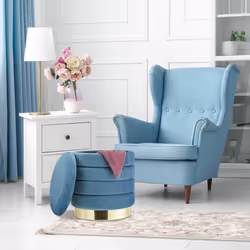 Pouf coiffeuse rangement, rond, tabouret velours, siège rembourré élégant, HxD: 43,5x39 cm, bleu pétrole/doré - Relaxdays