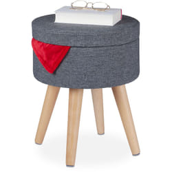 Pouf coiffeuse fonction table, couvercle rembourré, rangement, HxD: 45,5x37cm, tissu, pieds bois, gris/naturel - Relaxdays