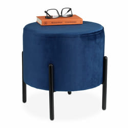 Pouf en velours, tabouret rond, matelassé, pieds en métal noir, HxD : 38,5x40,5 cm, siège tissu, bleu - Relaxdays