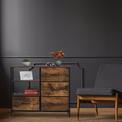 Commode de style industriel, hlp 71,5 x 84 x 32,5 cm, métal, aspect bois, avec 4 tiroirs, buffet, marron/noir - Relaxdays