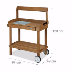 Relaxdays Table pour plante avec roulettes, bac et tiroir, pour le jardin, bois, plastique, HLP: 120 x 97 x 49 cm, brun - Vue supplémentaire 4