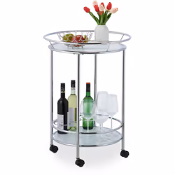 Ce chariot de cuisine à 2 niveaux alliant verre et métal chromé brillant est idéal pour transporter facilement assiettes, cou ...