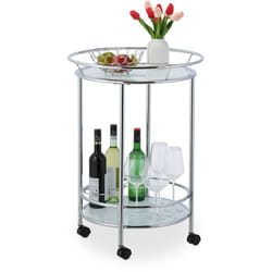 Relaxdays - Chariot de service roulant, 2 niveaux, porte-bouteilles, verre, fer chromé, HxD 77x56 cm, rond, argenté/blanc