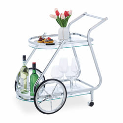 Chariot, roulettes et roues, 2 étages, verre et fer chromé, hlp : 76x76x46 cm, desserte, transparent-argenté - Relaxdays