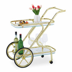 Relaxdays Chariot de service, roulettes et roues, 2 étages, verre et fer, HLP : 80x43x85 cm, desserte roulante, laiton