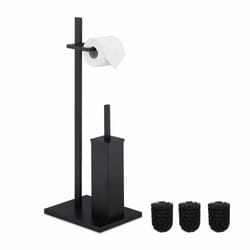 Relaxdays - Serviteur wc à poser, porte-rouleau, acier, brosse et son support, 3 têtes interchangeables, noir