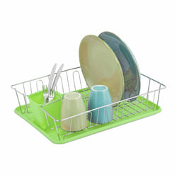 Gouttoir, panier à couverts, bac de récupération, 11,5 x 43 x 34 cm, plastique, métal, vert - Relaxdays