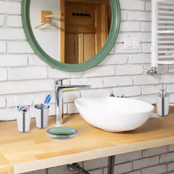 Accessoires de salle de bain, 4 pièces, en acier inox, porte-savon, distributeur de savon, gobelets, argenté - Relaxdays