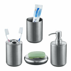 Relaxdays - Accessoires de salle de bain, 4 pièces, en acier inox, porte-savon, distributeur de savon, gobelets, argenté