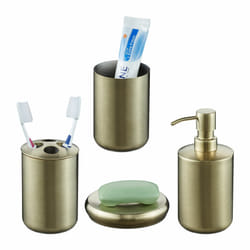 Accessoires de salle de bain, 4 pièces, acier inox, porte-savon, distributeur de savon, gobelets, doré - Relaxdays