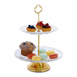 Présentoir à gâteaux, verre et fer, h x d : 30 x 23 cm, plat de service, 2 étages, transparent/doré - Relaxdays