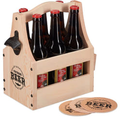 Relaxdays - Porte-bouteille en bois, avec décapsuleur, 6 bouteilles, caisson, cadeau pour la fête des pères, nature