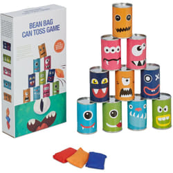 Chamboule-tout pour enfants, intérieur et extérieur, 10 boites de conserve et 3 sacs à lancer, multicolore - Relaxdays
