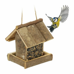 Mangeoire à oiseaux à suspendre, idée cadeau, h x l x p : 17 x 14,5 x 11,5 cm, en bois et fer, nature - Relaxdays