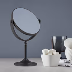 Miroir cosmétique grossissant 2x, sur pied, deux faces, pivotant à 360°, rond, HxLxP 27,5 x 18 x 10,5 cm, noir - Relaxdays