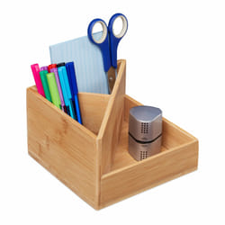 Relaxdays Pot à crayon en bambou, organiseur de bureau, 3 compartiments, HxLxP : 10,5x16,5x16,5 cm, pour stylos, nature