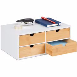 Cette boîte à tiroirs en bambou et MDF vous aide à garder votre espace de travail clair et ordonné. Les quatre tiroirs, spaci ...