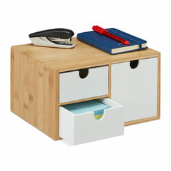Relaxdays Boîte à tiroirs, bambou et MDF, mini-commode 3 compartiments, HLP : 14,5x25x20 cm, organiseur, nature/blanc