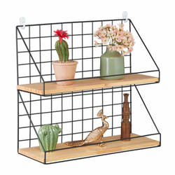 Relaxdays - tagère murale, 2 niveaux, aspect grillagé, HxLxP: 41x45x16 cm, style industriel, métal & bois, noir - marron