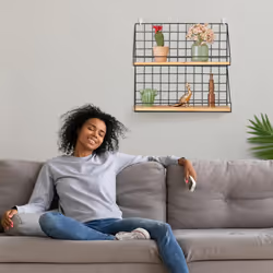 Relaxdays - tagère murale, 2 niveaux, aspect grillagé, HxLxP: 41x45x16 cm, style industriel, métal & bois, noir - marron