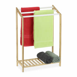 Porte-serviettes sur pied, bambou, 3 barres, étagère, portant salle de bain, hlp: 78x53x24 cm, nature/blanc - Relaxdays