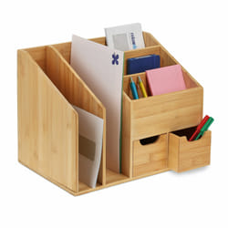 Relaxdays - Organiseur de bureau, 2 tiroirs, 5 compartiments, porte-documents, h x l x p 29 x 37 x 25 cm, bambou, nature