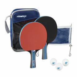 Relaxdays Lot tennis de table, pochette, filet, 2 raquettes, 3 balles ping pong, jeu intérieur, extérieur, rouge-noir