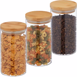 Avec ces pots en verre en lot de 3 vous conservez vos denrées alimentaires de façon ordonnée et peu encombrante. Utilisation ...