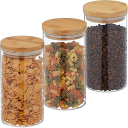 Relaxdays - Lot de 3 bocaux, verre, couvercle en bambou, bocal conservation rond, 1000 ml, hermétique, transparent/nature