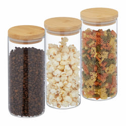 Relaxdays - Lot de 3 bocaux en verre, couvercle bambou, bocal conservation rond, 1300 ml, hermétique, transparent/nature