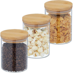 Relaxdays - Lot de 3 bocaux en verre, couvercle bambou, bocal conservation rond, 650 ml, hermétique, transparent/naturel