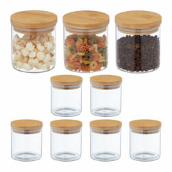 Lot de 9 bocaux en verre, petits pots avec couvercle bambou, 500 ml, hermétique, transparent/nature - Relaxdays