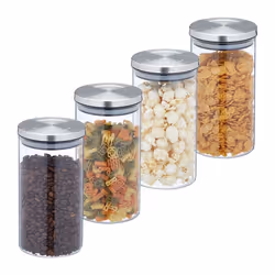 Relaxdays Lot de 4 bocaux en verre 1000 ml hermétique couvercle acier inox bocal à épicerie transparent/argent