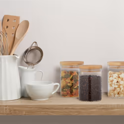 Relaxdays Lot de 4 bocaux en verre, petits, avec couvercle bambou, 750 ml, hermétique, transparent/naturel