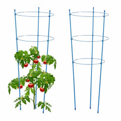 Tuteur pour tomates, plantes grimpantes, lot de 2, métal & plastique, 3 anneaux réglables, hauteur 76 cm, bleu - Relaxdays
