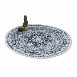 Tapis rond motif mandala, tapis coton avec franges, antidérapant, tapis de salon bohème, ø 120 cm, crème/noir - Relaxdays