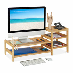 Relaxdays - Support d'écran en bambou, 5 tiroirs, réhausseur d'écran d'ordinateur et laptop, HxLxP : 33x80x30 cm, naturel