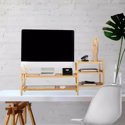 Relaxdays - Support d'écran en bambou, 5 tiroirs, réhausseur d'écran d'ordinateur et laptop, HxLxP : 33x80x30 cm, naturel