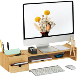 Relaxdays - Support d'écran en bambou, 5 tiroirs, réhausseur d'écran d'ordinateur/laptop, HxLxP : 13 x 70 x 19 cm, naturel